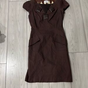 Milly of New York Brown Dress V Neck Belt Cap Sleeves Large Buttons Pockets Size